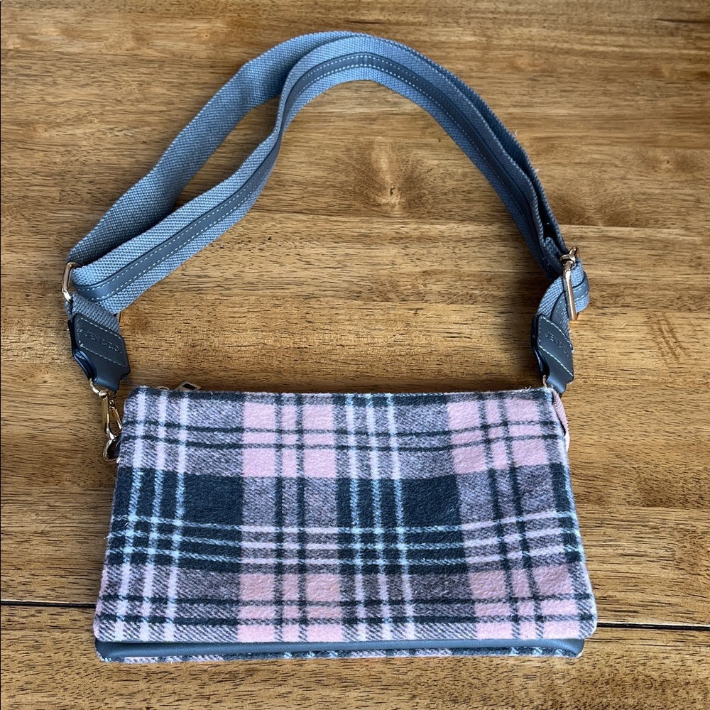 Jen & Co Pink Gray Plaid Shoulder Bag | Vegan Leather Trim | Adjustable Strap